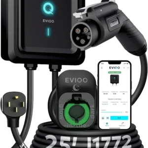 EVIQO Level 2 EV Charger, 48 Amp 240V, J1772 Charger for Non-Tesla EVs, 25ft Cable, WiFi (2.4GHz) Smart App, Weatherproof Indoor/Outdoor (IP66, NEMA 4), UL & ETL Certified, Hardwired, 11.5kW