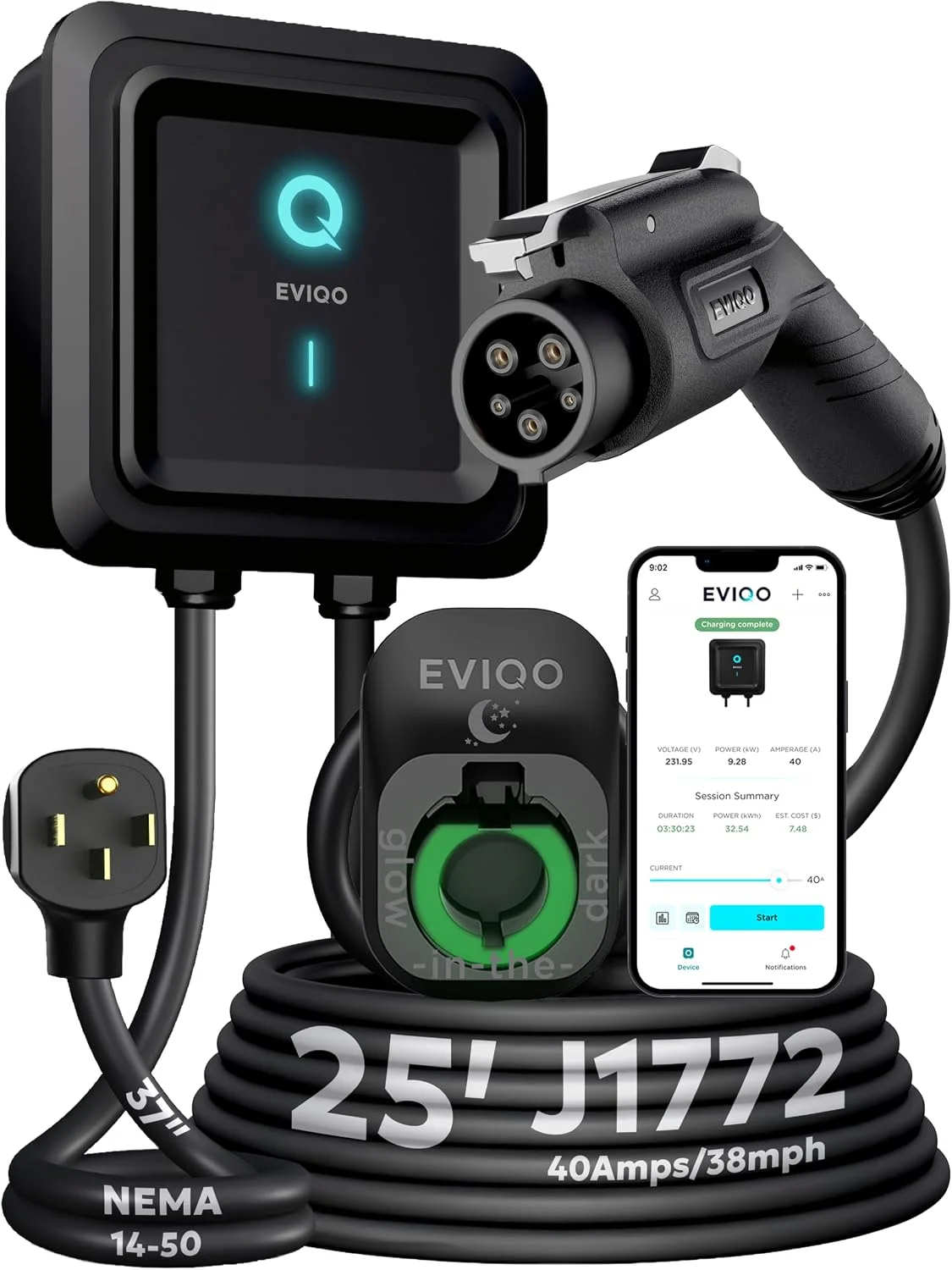 EVIQO Level 2 EV Charger, 48 Amp 240V, J1772 Charger for Non-Tesla EVs, 25ft Cable, WiFi (2.4GHz) Smart App, Weatherproof Indoor/Outdoor (IP66, NEMA 4), UL & ETL Certified, Hardwired, 11.5kW