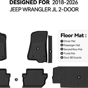 Floor Mats for 2018-2026 Jeep Wrangler JL 2-Door, Trunk Mat & Door Sill Guard All Weather TPE Protector for Jeep Wrangler JL 2-Door Accessories view 2