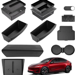 for Tesla New Model Y Juniper Center Console Organizer Tray Divided Storage Double Layer Space Slide smoothly Model Y 2025 2026 Accessorie - 4 PCS, Black