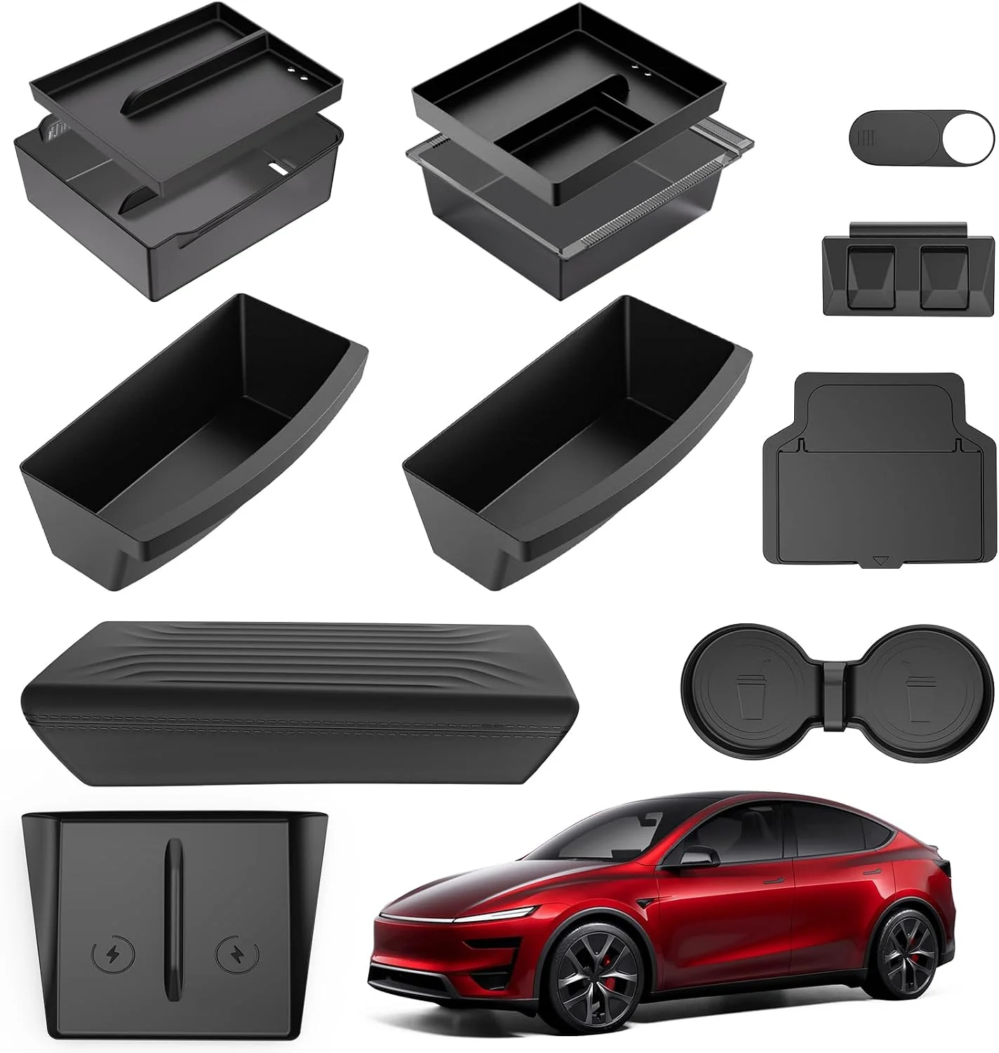 for Tesla New Model Y Juniper Center Console Organizer Tray Divided Storage Double Layer Space Slide smoothly Model Y 2025 2026 Accessorie - 4 PCS, Black