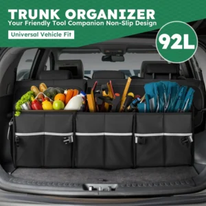 Heavy-Duty Trunk Organizer & Multi-Compartment Storage Box for SUV/Sedan/Minivan,600D Waterproof Oxford,2 Securing Hooks & Reflective Strips-Large Capacity Organiser(92L) view 2