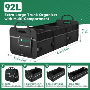 Heavy-Duty Trunk Organizer & Multi-Compartment Storage Box for SUV/Sedan/Minivan,600D Waterproof Oxford,2 Securing Hooks & Reflective Strips-Large Capacity Organiser(92L) view 3