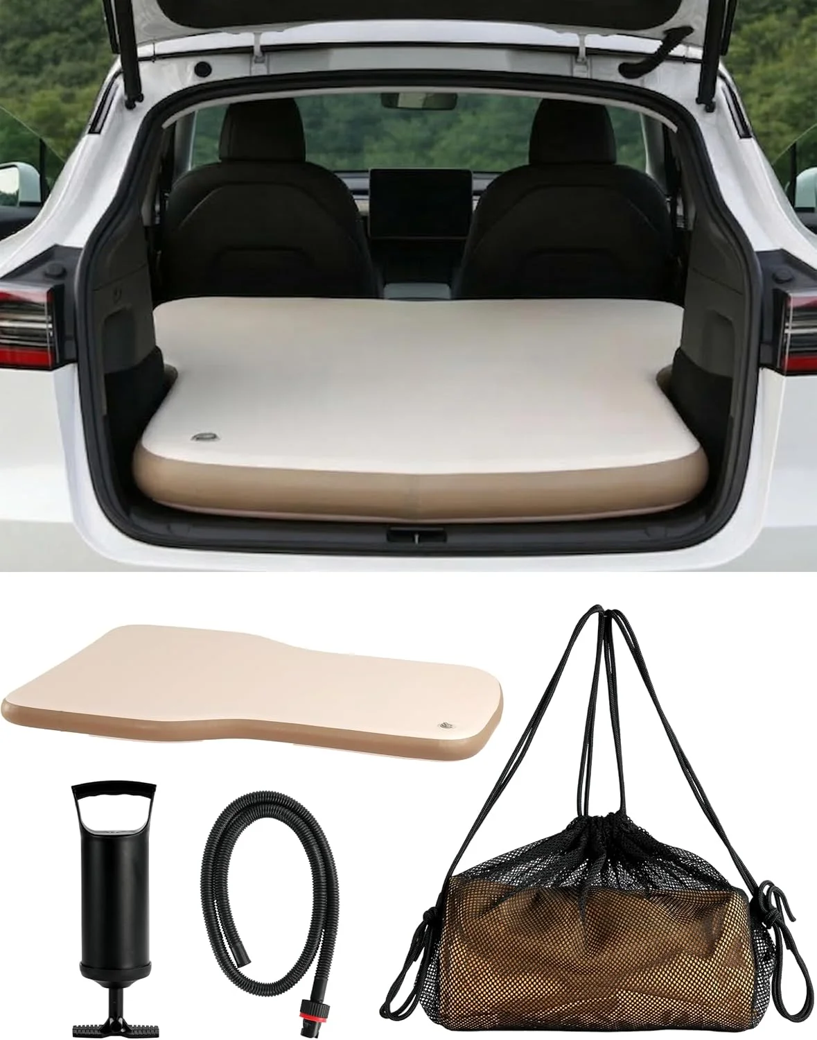 Tesla Model Y interior converted into a comfortable sleeping space with an inflatable mattress