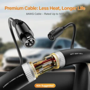 J1772 EV Extension Cable 20ft,40A Safe Continuous 9.6KW Charging,Compatible with All J1772 Level 1/2 Chargers & EVs (20FT 40A) view 6