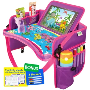 Kids Travel Tray - Waterproof Lap Table with No-Drop Large Tablet Holder - Car Seat Tray - Road Trip Essentials Kids - Car Desk Organizer for Airplane - Toddler Travel Essentials (Pink) view 1