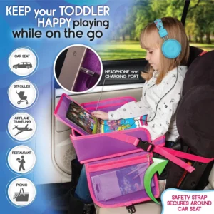 Kids Travel Tray - Waterproof Lap Table with No-Drop Large Tablet Holder - Car Seat Tray - Road Trip Essentials Kids - Car Desk Organizer for Airplane - Toddler Travel Essentials (Pink) view 2