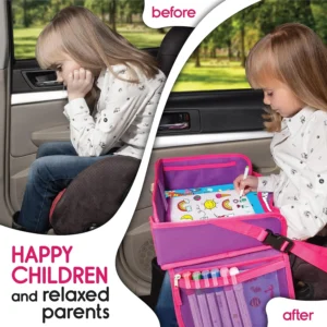 Kids Travel Tray - Waterproof Lap Table with No-Drop Large Tablet Holder - Car Seat Tray - Road Trip Essentials Kids - Car Desk Organizer for Airplane - Toddler Travel Essentials (Pink) view 3