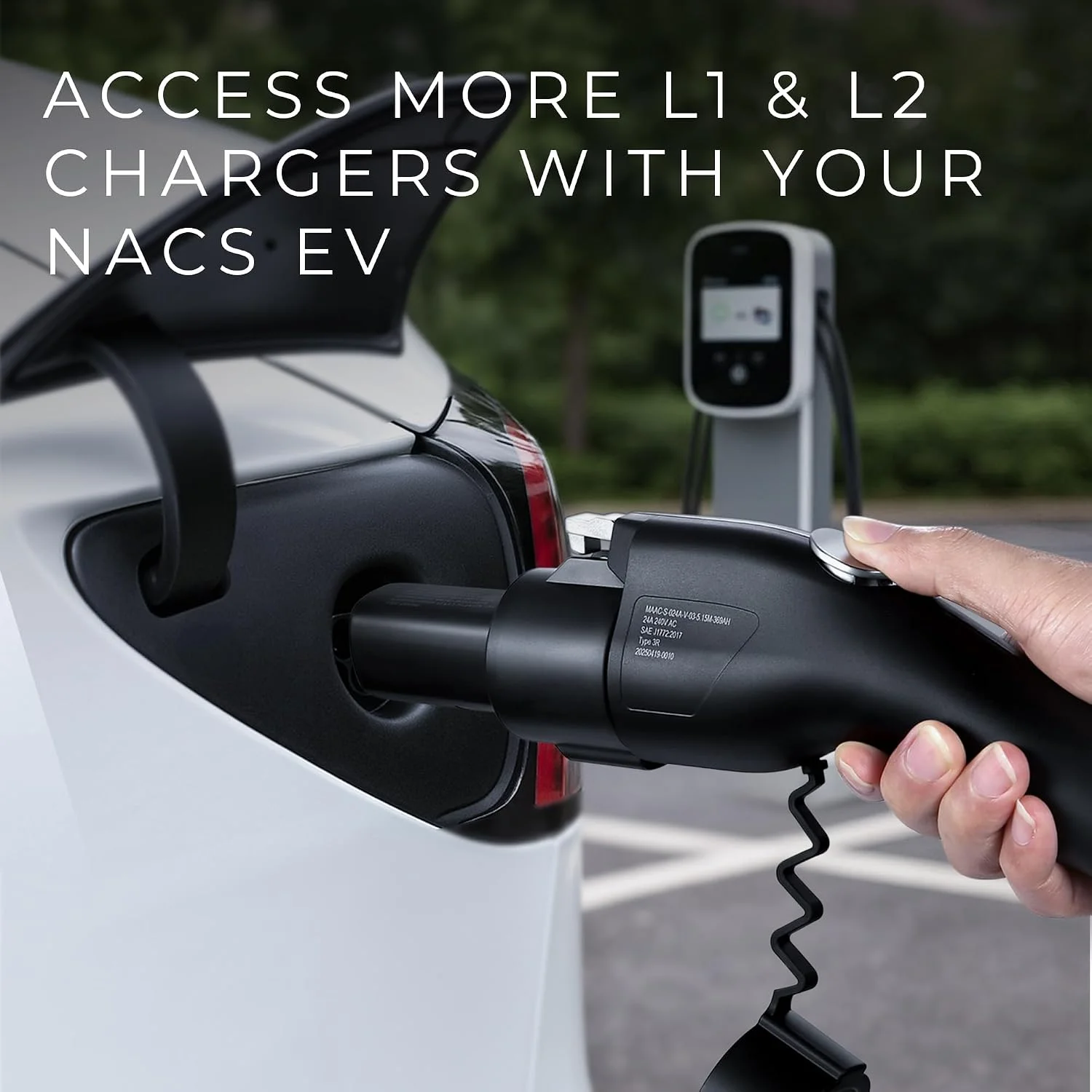 Lectron 80A EV charging adapter with close-up of NACS connector