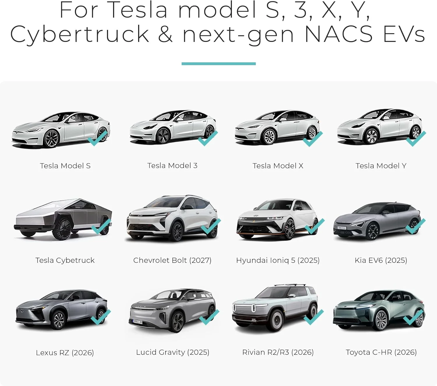 List of compatible Tesla and NACS electric vehicles for the adapter