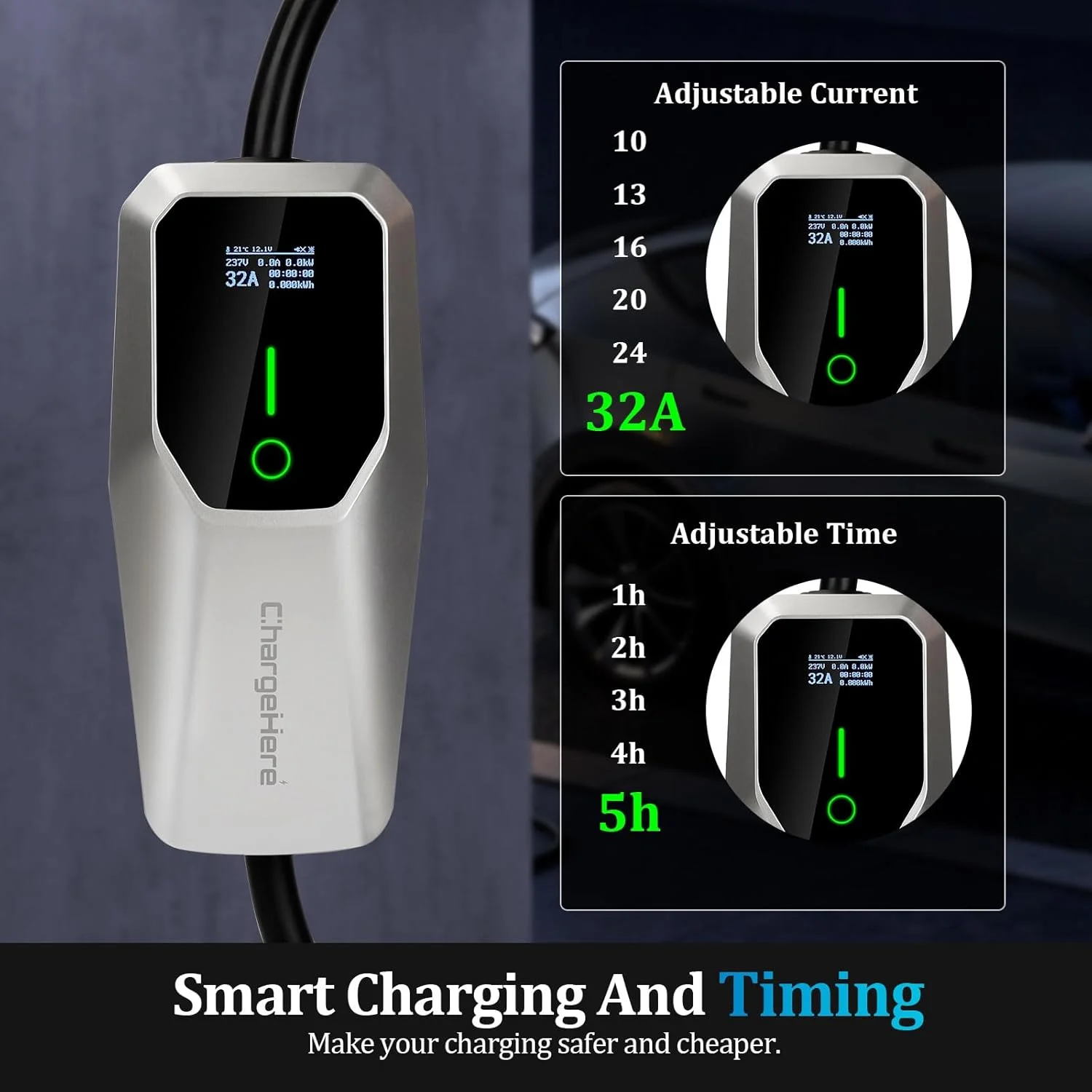 Level 1 & 2 EV Charger, 32 Amp Portable Electric Car Charger, UL Listed EVSE with J1772 Connector, NEMA 14-50 Plug & 5-15 Adapter, 25FT, for J1772 EVs and PHEVs view 3