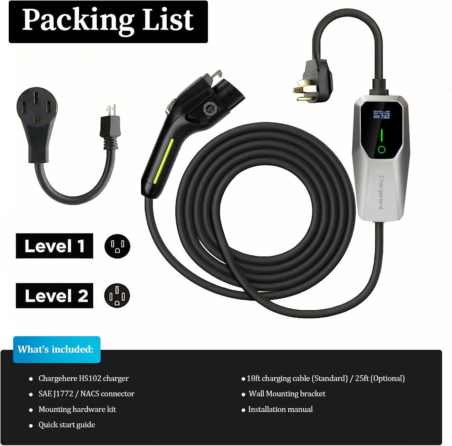 Level 1 & 2 EV Charger, 32 Amp Portable Electric Car Charger, UL Listed EVSE with J1772 Connector, NEMA 14-50 Plug & 5-15 Adapter, 25FT, for J1772 EVs and PHEVs view 5