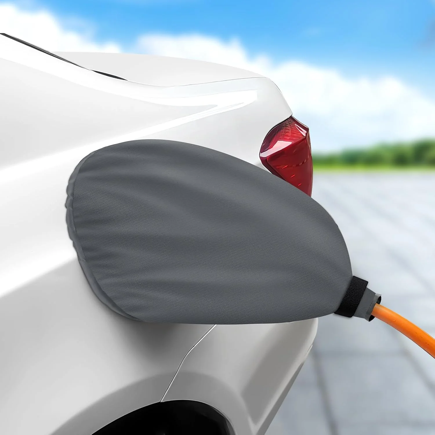 Premium grey EV charger port cover mounted on vehicle