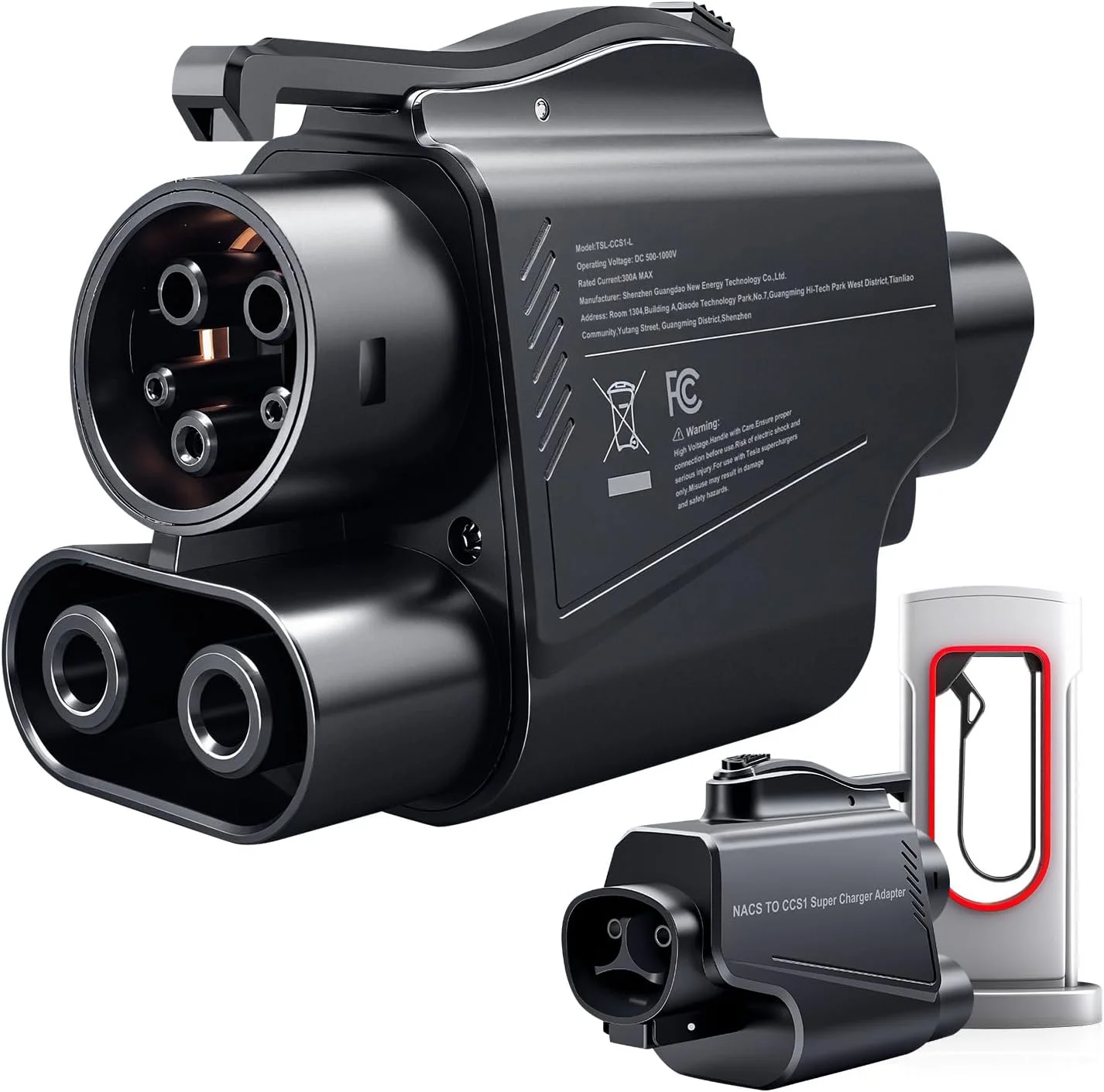 NACS to CCS1 adapter connected to a Tesla Supercharger and an EV