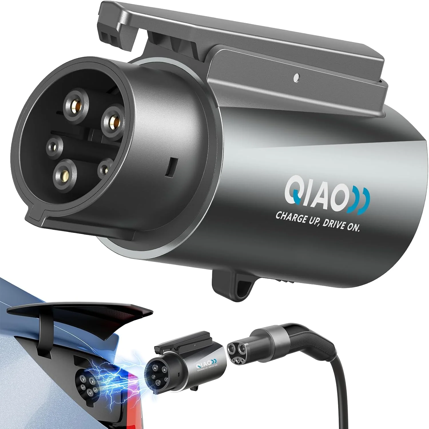QIAO Tesla to J1772 Adapter connected to EV