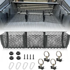 RED WOLF 3 Pocket Cargo Mesh Net for 2024-2025 Tesla Cybertruck Trunk Organizer Netting Rear Bucket Storage Net with L-Track Round Ring D-Carabiner Mounting Hook view 1