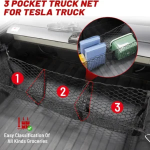 RED WOLF 3 Pocket Cargo Mesh Net for 2024-2025 Tesla Cybertruck Trunk Organizer Netting Rear Bucket Storage Net with L-Track Round Ring D-Carabiner Mounting Hook view 2