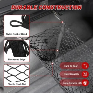 RED WOLF 3 Pocket Cargo Mesh Net for 2024-2025 Tesla Cybertruck Trunk Organizer Netting Rear Bucket Storage Net with L-Track Round Ring D-Carabiner Mounting Hook view 4