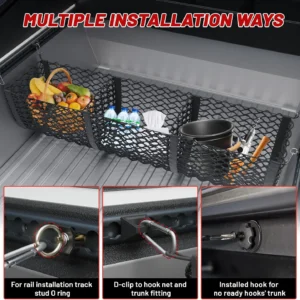 RED WOLF 3 Pocket Cargo Mesh Net for 2024-2025 Tesla Cybertruck Trunk Organizer Netting Rear Bucket Storage Net with L-Track Round Ring D-Carabiner Mounting Hook view 5