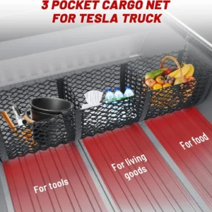 RED WOLF 3 Pocket Cargo Mesh Net for 2024-2025 Tesla Cybertruck Trunk Organizer Netting Rear Bucket Storage Net with L-Track Round Ring D-Carabiner Mounting Hook view 6