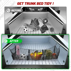 RED WOLF 3 Pocket Cargo Mesh Net for 2024-2025 Tesla Cybertruck Trunk Organizer Netting Rear Bucket Storage Net with L-Track Round Ring D-Carabiner Mounting Hook view 7