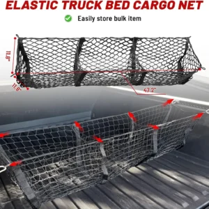 RED WOLF 3 Pocket Cargo Mesh Net for 2024-2025 Tesla Cybertruck Trunk Organizer Netting Rear Bucket Storage Net with L-Track Round Ring D-Carabiner Mounting Hook