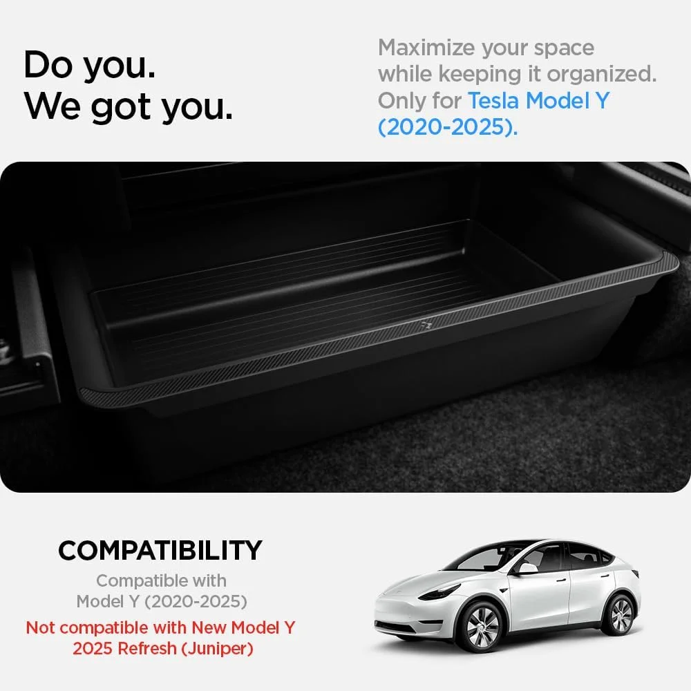 Spigen organizer being installed under Tesla Model Y seat