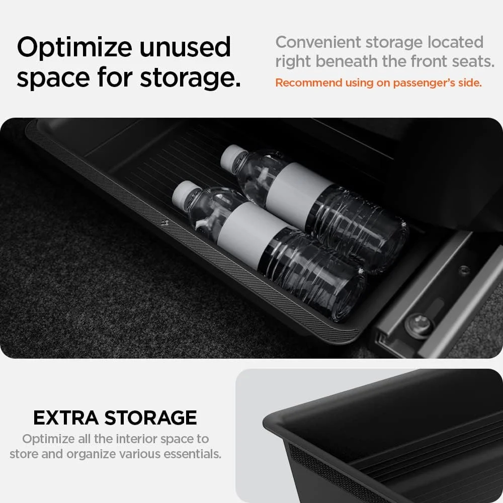 Spigen organizer placed under front passenger seat in Tesla Model Y
