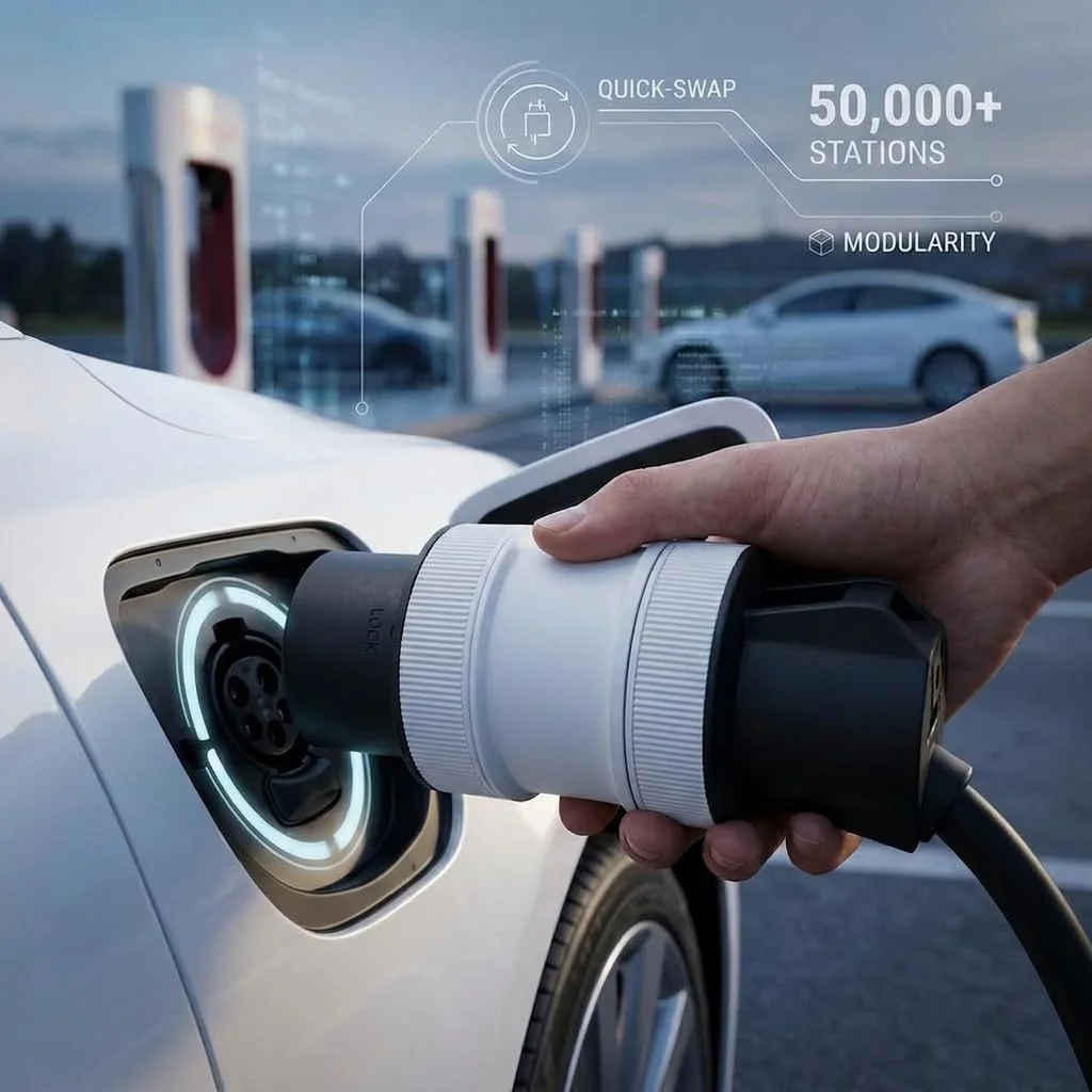 Compact EV charging adapter kit in velvet pouch
