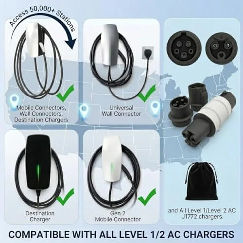 Tesla to J1772 Adapter and J1772 to NACS Adapter Kit (2-Pack), 48A Max EV Charging Accessories, Compatible with BMW i3, Tesla Wall Connectors and Level 1/2 Charging Stations