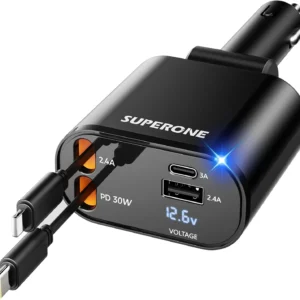 [Upgraded] SUPERONE Retractable Car Charger 4 in 1, Fast Car Phone Charger with Cord 2.6ft, USB C and Apple Car Adapter, Compatible with iPhone 17 16 15/15 Pro Max/14/13/12/11, Galaxy, Pixel view 1