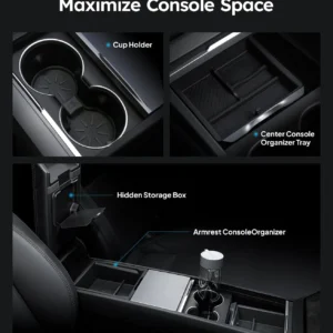 Wigoo Center Console Organizer for Tesla Model Y Juniper (Only Premium & Performance 2025 2026) and All Model 3 Highland Accessories [Double-Layer Storage, Smooth Sliding] 4PCS Black view 2
