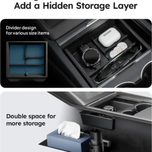 Wigoo Center Console Organizer for Tesla Model Y Juniper (Only Premium & Performance 2025 2026) and All Model 3 Highland Accessories [Double-Layer Storage, Smooth Sliding] 4PCS Black view 3
