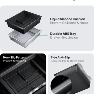 Wigoo Center Console Organizer for Tesla Model Y Juniper (Only Premium & Performance 2025 2026) and All Model 3 Highland Accessories [Double-Layer Storage, Smooth Sliding] 4PCS Black view 4