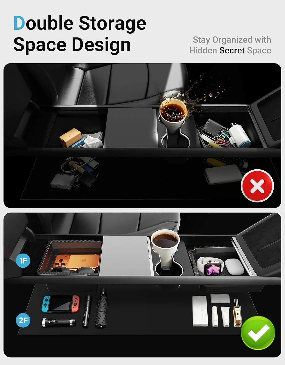 Durable PC material console organizer for Tesla
