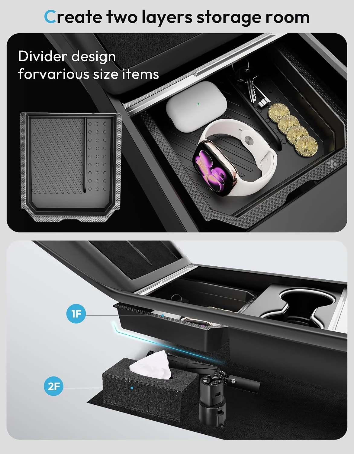 Sliding storage tray for Tesla Model 3 and Model Y