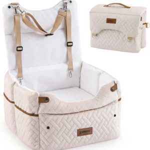 ZOMISIA Elevated Dog Car Seat for Medium Dogs, 3 Adjustable Heights with 2 Egg Crate Foam Boosters 4"+2", Dual-Sided Cooling&Plush Waterproof Cover, 2 Safety Leashes & Buckles, Beige view 1