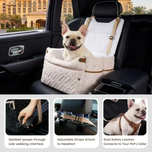ZOMISIA Elevated Dog Car Seat for Medium Dogs, 3 Adjustable Heights with 2 Egg Crate Foam Boosters 4"+2", Dual-Sided Cooling&Plush Waterproof Cover, 2 Safety Leashes & Buckles, Beige view 5