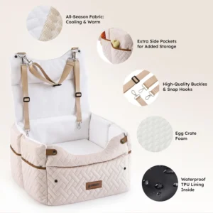 ZOMISIA Elevated Dog Car Seat for Medium Dogs, 3 Adjustable Heights with 2 Egg Crate Foam Boosters 4"+2", Dual-Sided Cooling&Plush Waterproof Cover, 2 Safety Leashes & Buckles, Beige view 6