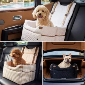ZOMISIA Elevated Dog Car Seat for Medium Dogs, 3 Adjustable Heights with 2 Egg Crate Foam Boosters 4"+2", Dual-Sided Cooling&Plush Waterproof Cover, 2 Safety Leashes & Buckles, Beige view 7